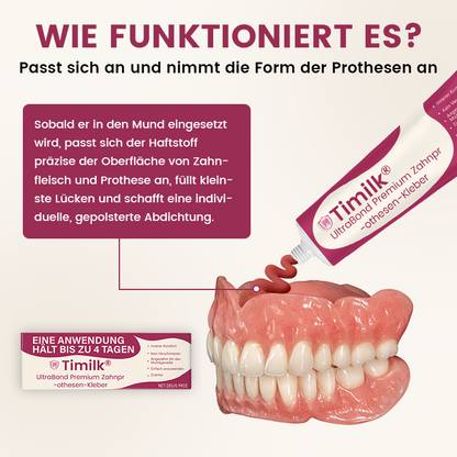 Timilk® UltraBond Premium Zahnprothesen-Kleber 🔥FDA-zertifiziert (Klinisch erwiesener 4-Tage-Halt für sicheren, komfortablen und zinkfreien Sitz der Prothese 🦷)